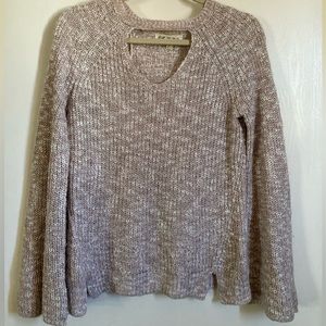 🌞Pink Rose Keyhole on Front Pink & White Marbled Long Bell Sleeve Sweater #Gy